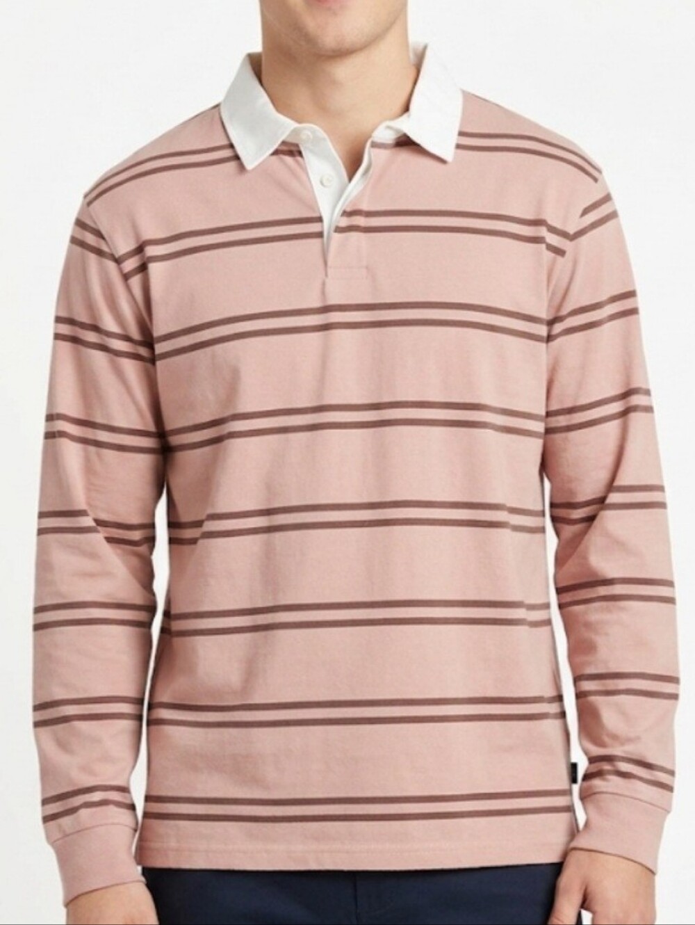 Men's Long-Sleeve Pink Stripe Rugby Shirt with White Collar Size 2XL Preppy